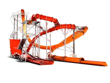 Beyaz arka plan üzerinde su parkı 3d render için modern kırmızı ve turuncu su roller coaster rides