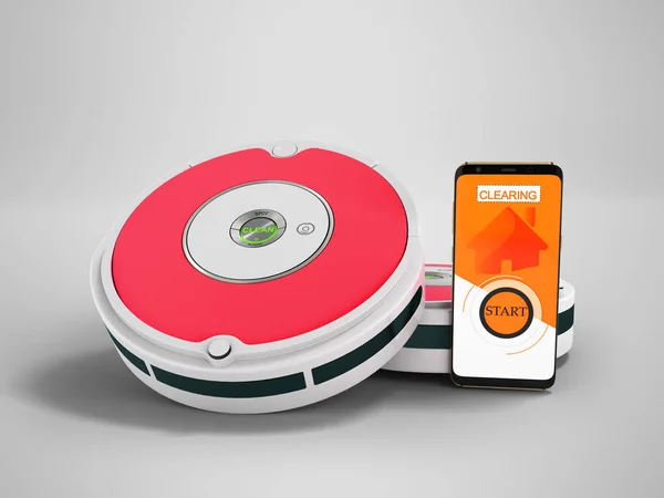Modern vacuum cleaner robot gray with red inserts with control on mobile phone with 3d render on gray background with shadow