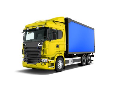 Şehir 3d render gölge beyaz zemin üzerine çevresinde malların taşınması için mavi römork ile modern sarı kamyon