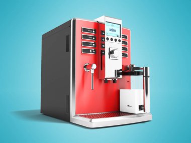 Modern kırmızı kahve makinesi kahve ve kapuçino 3d render gölge ile mavi arka plan üzerinde iki bayraklar için