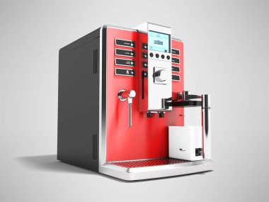 Modern kırmızı kahve makinesi kahve ve kapuçino 3d render gölge ile gri arka plan üzerinde iki bayraklar için