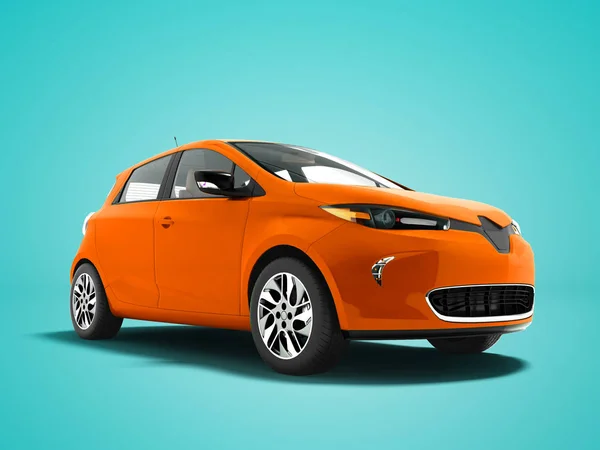 现代橙色电动车到海滩前3D 渲染不蓝色背景与阴影 — 图库照片