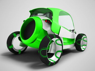 Modern yeşil elektrikli otomobil için seyahat arkada yolcu taşıyan için havaalanında gölgeli gri arka plan üzerinde 3d render