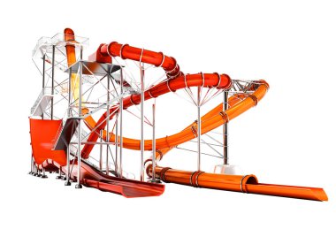 Modern kırmızı ve turuncu su sürmek için su parkı 3d render gölge yok beyaz arka plan üzerinde slaytlar