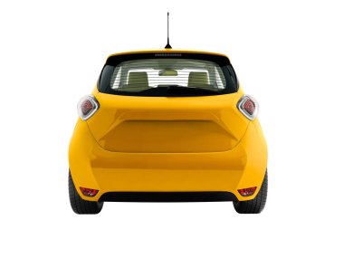 Beyaz üzerine 3d render arkada yolcu taşıyan için Modern sarı elektrikli otomobil hatchback arka plan gölge yok