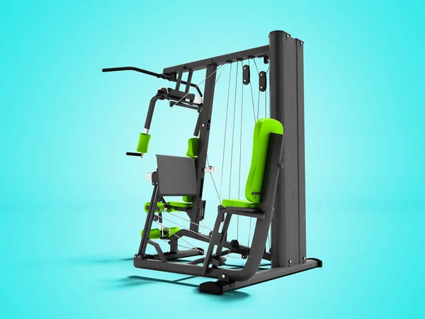 Modern green paired sports trainer with black inserts for power load of legs and hands 3d render on blue background with shadow