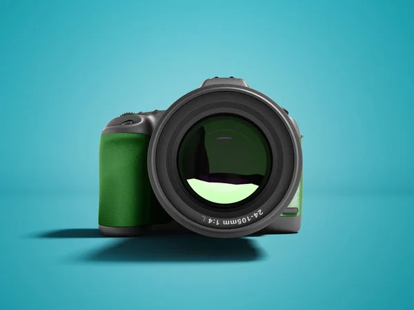 Modern Green Professional Camera Nature Photography Front Rendering Blue Background — Stock Photo, Image