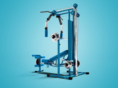 Modern mavi spor simülatörü siyah bacaklar güç yükleme için ekler ve 3d render gölge ile mavi arka plan üzerinde eller