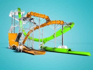 Modern turuncu ve yeşil su eğlence için su parkı 3d render gölge ile mavi arka plan slaytlar