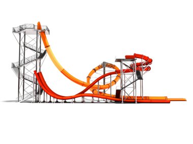 Modern iki kırmızı ve turuncu su slaytlarda su parkı için yan 3d render gölge beyaz zemin üzerine