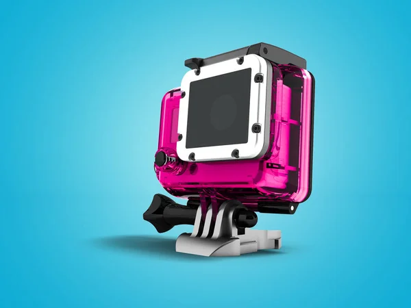 Action camera in pink hood attachment 3d render on blue background with shadow