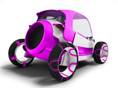 Modern mor elektrikli araba arkada yolcu taşıyan için havaalanında geziler için 3d render gölge beyaz zemin üzerine