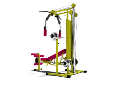 Gölge beyaz zemin üzerine eğitim aparatı sarı ile bacak güç yükleme için ekler ve 3d eller Modern ahududu spor render