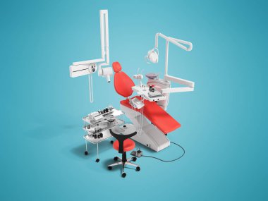 Modern kırmızı diş sandalye ve başucundaki araçları ve aletleri için diş hekimliği perspektif 3d render gölge ile mavi arka plan üzerinde