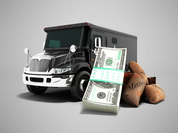 Modern concept of transporting money into a bank of black truck armored car front 3d rendering on gray background with shadow