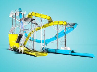 Modern sarı ve mavi su sürmek için su parkı 3d render gölge ile mavi arka plan slaytlar