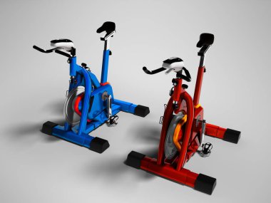 Modern kırmızı ve mavi egzersiz bisikletleri perspektif 3d render gölge ile gri arka plan üzerinde