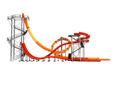 Modern iki kırmızı ve turuncu su slaytlarda su parkı için beyaz üzerine yan 3d render gölge yok arka plan