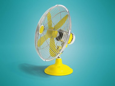 Masaya doğru 3d odayı soğutmak için modern sarı fan render gölge ile değil mavi arka plan