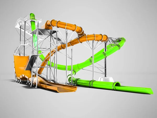 Modern turuncu ve yeşil su slaytlar eğlence için su parkı 3d render gölge ile gri arka plan üzerinde