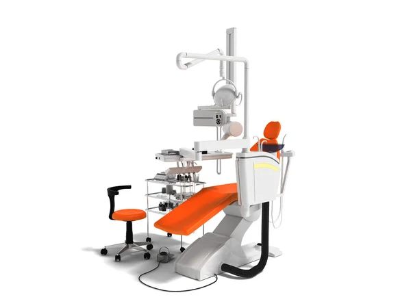 Современное Оранжевое Кресло Стоматолога Белым Тумбочкой Инструментами Подсветкой Стоматологических Работ — стоковое фото
