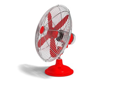 Masaya doğru 3d odayı soğutmak için modern kırmızı fan render gölge ile değil beyaz arka plan