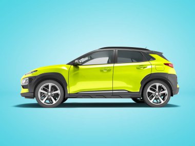 Modern sarı araba crossover yan görünümü 3d render gölge ile mavi arka plan üzerinde