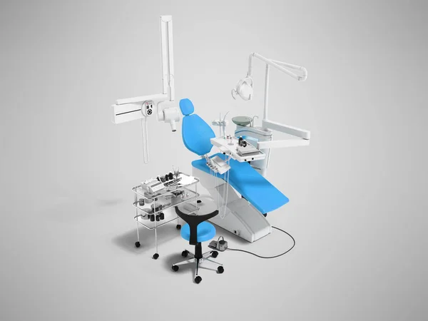 Modern blue dental chair and bedside table with tools and appliances for dentistry perspective 3d render on gray background with shadow