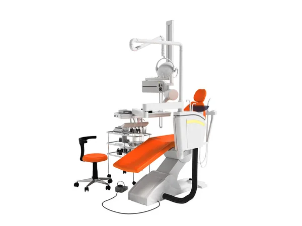 stock image Modern orange chair for dentist with white bedside table with tools and backlight for dental work 3D rendering on white background no shadow