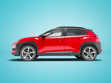 Modern kırmızı araba crossover yan görünümü 3d render gölge ile mavi arka plan üzerinde