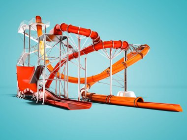 Modern kırmızı ve turuncu su sürmek için su parkı 3d render gölge ile mavi arka plan slaytlar