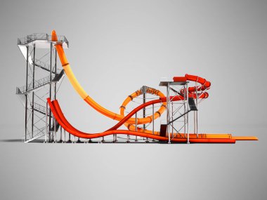 Modern iki kırmızı ve turuncu su slaytlarda su parkı için yan 3d render gölge ile gri arka plan üzerinde