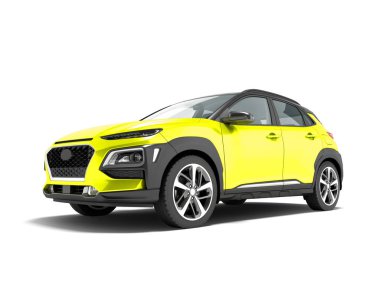 Modern sarı araba crossover önünde 3d render gölge beyaz zemin üzerine