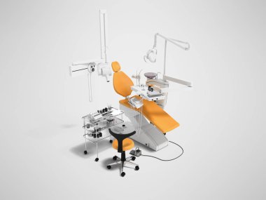 Modern portakal diş sandalye ve başucundaki araçları ve aletleri için diş hekimliği gölgeli gri arka plan üzerinde perspektif 3B oluşturma