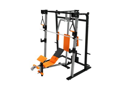 Elleri ve ayakları önünde 3d kasları eğitim için siyah aksan çok fonksiyonlu spor eğitmen ile modern turuncu render beyaz zemin üzerine gölge yok