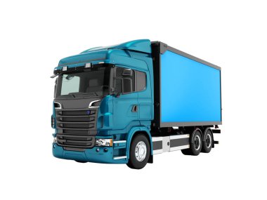 Modern mavi kamyon taşıma mal doğru 3d şehir çevresinde mavi römork ile render beyaz zemin üzerine gölge yok