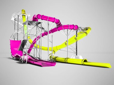 Modern mor ve sarı su sürmek için su parkı 3d render gölge ile gri arka plan üzerinde slaytlar