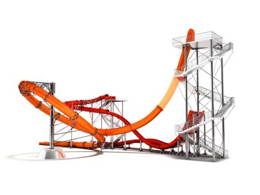 Gölge beyaz zemin üzerine su parkı arka 3d render için modern turuncu kırmızı su roller coaster rides