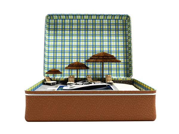 Modern kavramı yok gölge beyaz zemin üzerine bavul 3d render sahilde rahatlatıcı