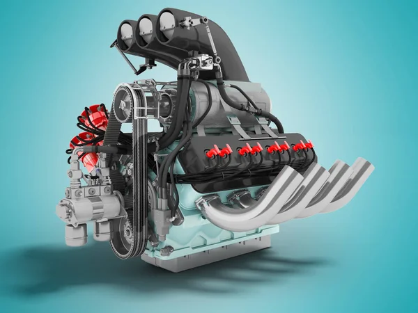 Modern gri Otomotiv V motor türbin mavi ile 3d render gölge mavi zemin üzerine ekler
