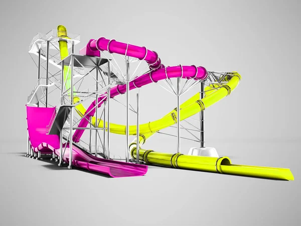 Modern mor ve sarı su sürmek için su parkı 3d render gölge ile gri arka plan üzerinde slaytlar