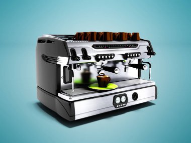 Kupa kupalar 3d render gölge ile mavi arka plan ile profesyonel çalışma için iki kupalar için modern gri kahve makinesi