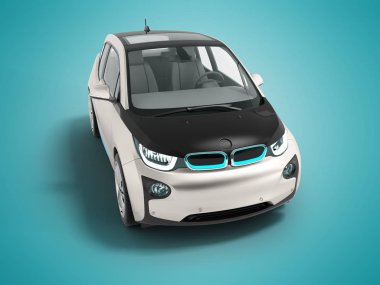 Modern gri elektrikli otomobil için yaz gezileri izole 3d render gölge ile mavi arka plan üzerinde siyah ekler ile