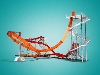 Gölge ile mavi arka plan üzerinde su parkı arka 3d render için modern turuncu kırmızı su roller coaster rides