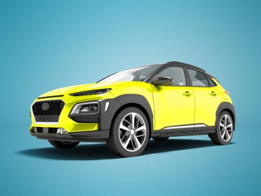 Modern sarı araba crossover önünde 3d render gölge ile mavi arka plan üzerinde