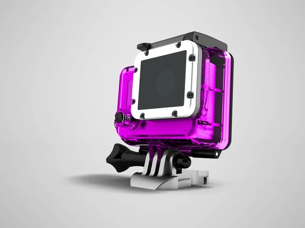 Action camera in purple hinged helmet case 3d rendering on gray background with shadow