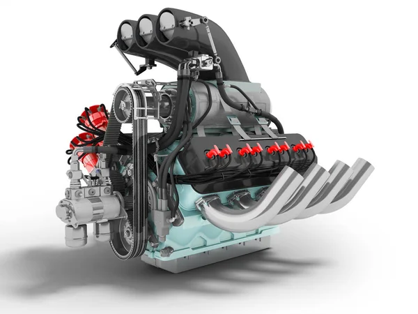 Modern gri Otomotiv V motor türbin mavi ile 3d render gölge beyaz zemin üzerine ekler