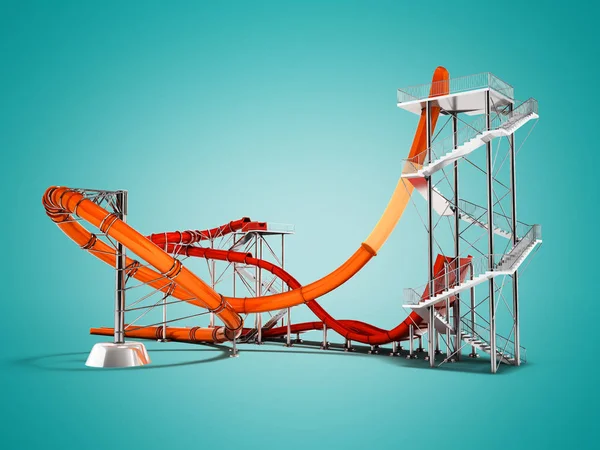 Gölge ile mavi arka plan üzerinde su parkı arka 3d render için modern turuncu kırmızı su roller coaster rides