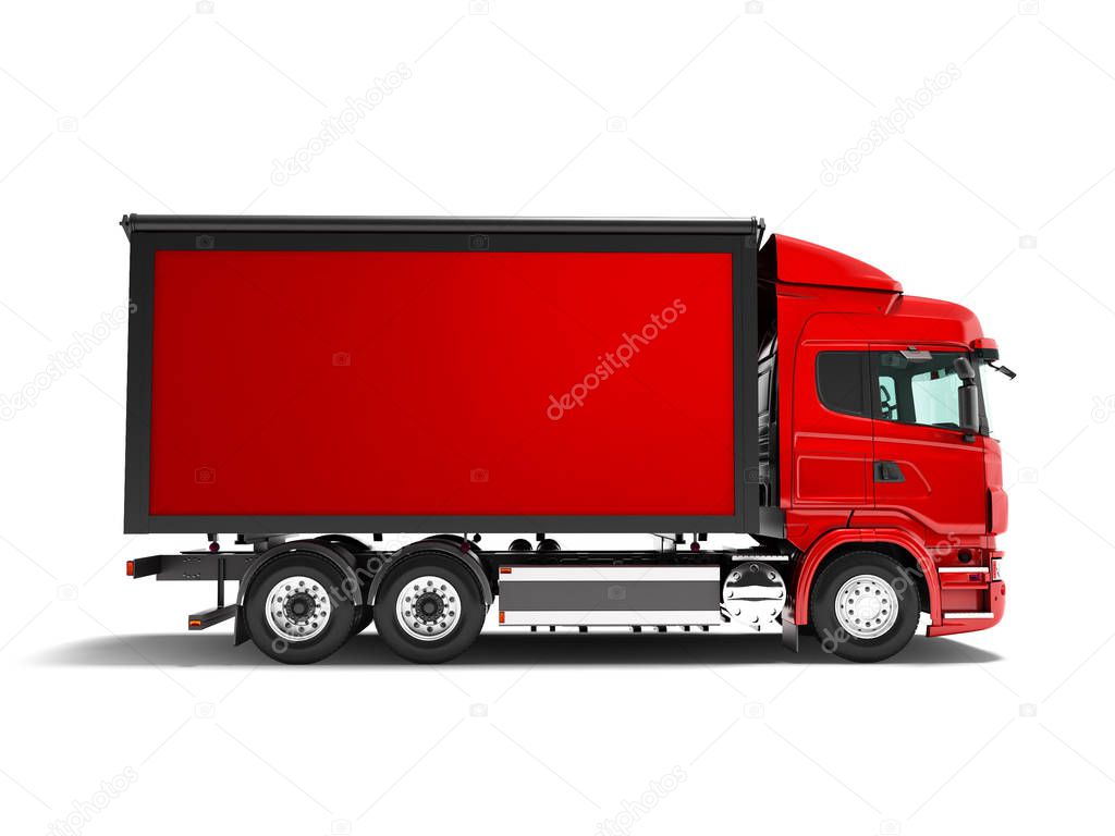Modern red truck with red trailer for transportation of goods from the side 3d render on white background without shadow