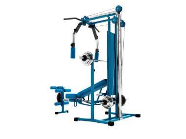 Modern mavi spor simülatörü siyah bacaklar güç yükleme için ekler ve beyaz bir arka plan üzerinde 3d render gölge yok eller